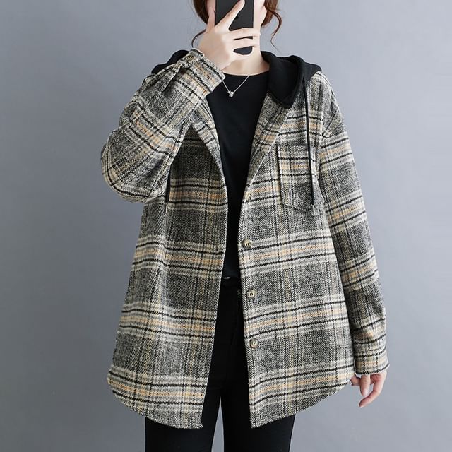 INEN-Houndstooth Drawstring Hooded Button-Up Jacket