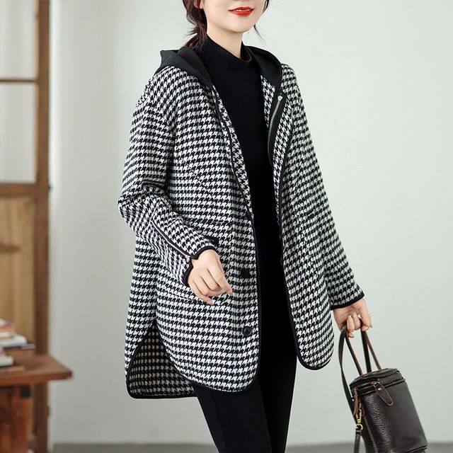 INEN-Houndstooth Zipped Hooded Button-Up Coat