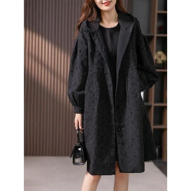 INEN-Jacquard Hooded Button-Up Long Trench Coat