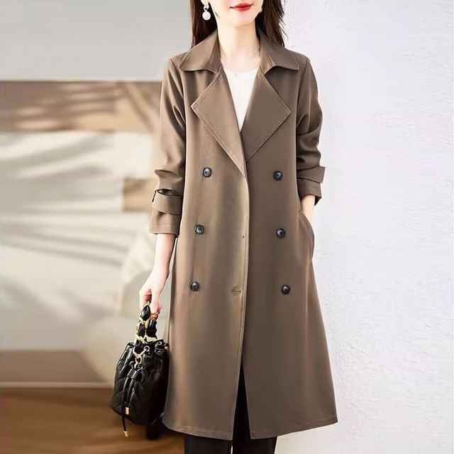 INEN-Lapel Collar Double-Breasted Plain Long Trench Coat