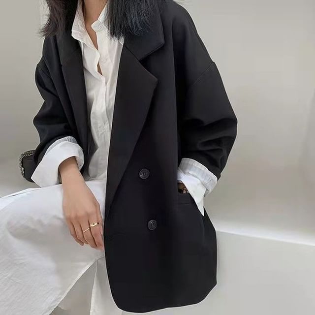 INEN-Lapel Collar Plain Double Breasted Blazer