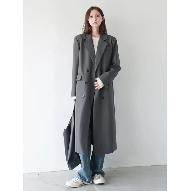 INEN-Lapel Collar Plain Double Breasted Trench Coat