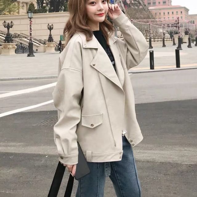 INEN-Lapel Collar Plain Faux Leather Biker Jacket