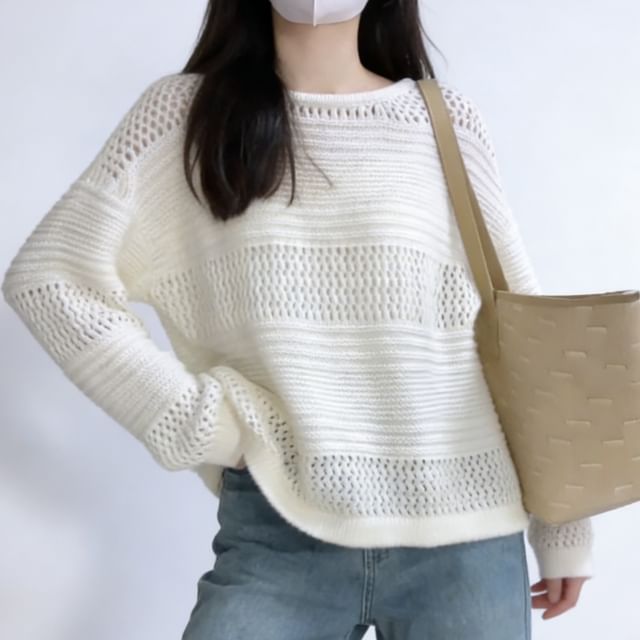 INEN-Long Sleeve Boat Neck Plain Knit Top
