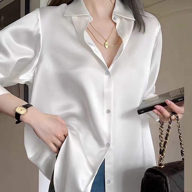 INEN-Long Sleeve Collar Plain Button Up Shirt