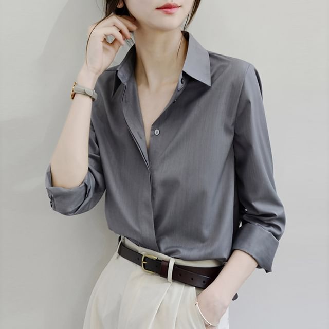 INEN-Long-Sleeve Collared Button Up Plain Shirt