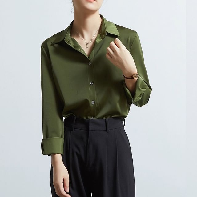 INEN-Long-Sleeve Collared Plain Button Up Shirt