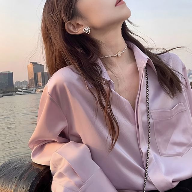 INEN-Long-Sleeve Collared Plain Button Up Shirt