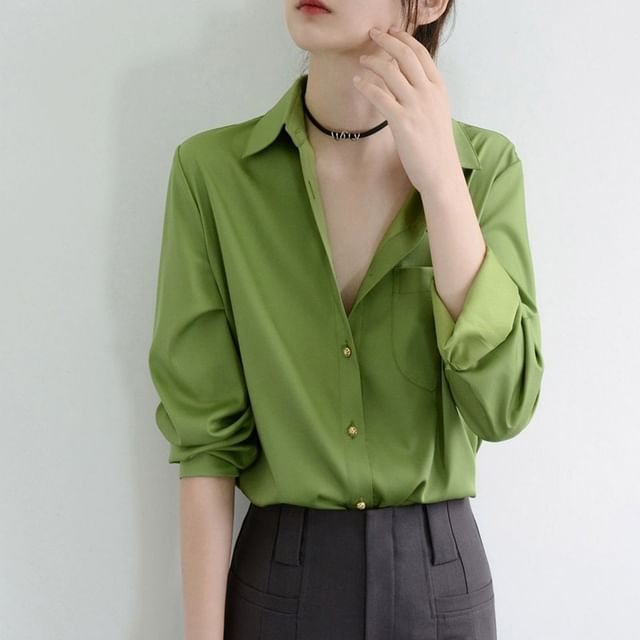 INEN-Long-Sleeve Collared Plain Button Up Shirt