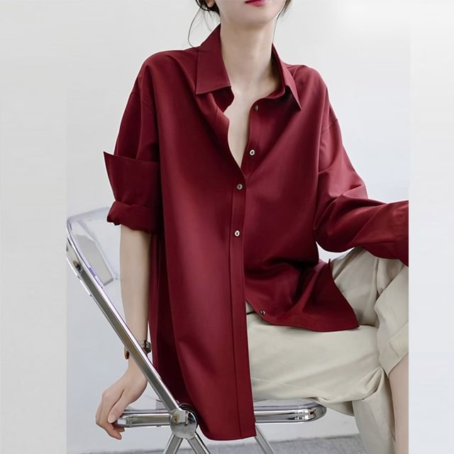 INEN-Long-Sleeve Collared Plain Button Up Shirt