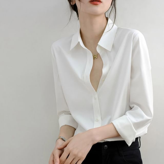 INEN-Long-Sleeve Collared Plain Button Up Shirt