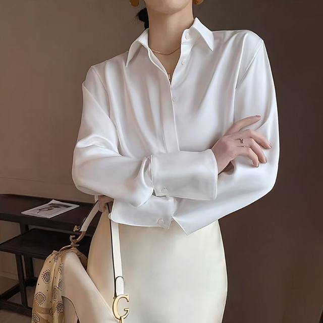 INEN-Long-Sleeve Collared Plain Button Up Shirt