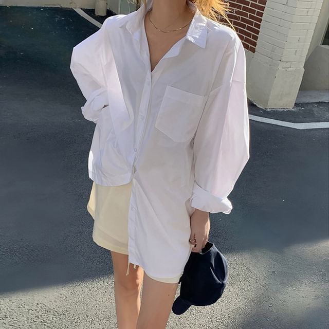 INEN-Long-Sleeve Collared Plain Button Up Shirt