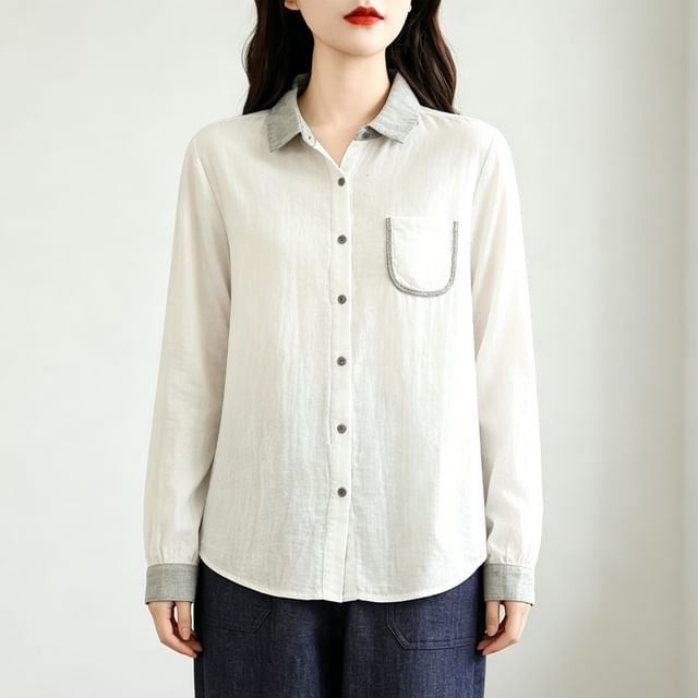 INEN-Long-Sleeve Collared Plain Button Up Shirt