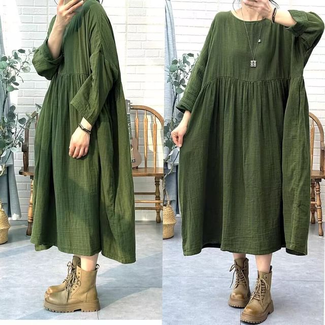 INEN-Long-Sleeve Collared Plain Midi A-Line Dress