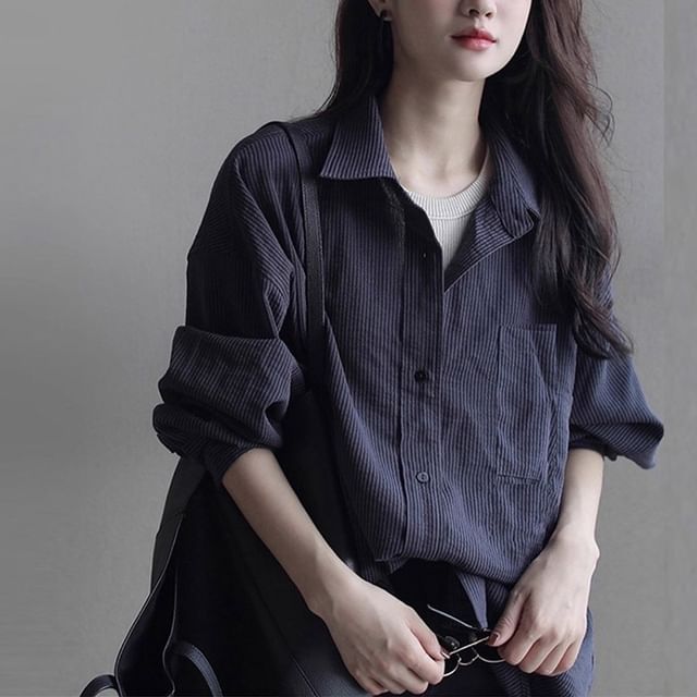 INEN-Long-Sleeve Collared Striped Button Up Shirt
