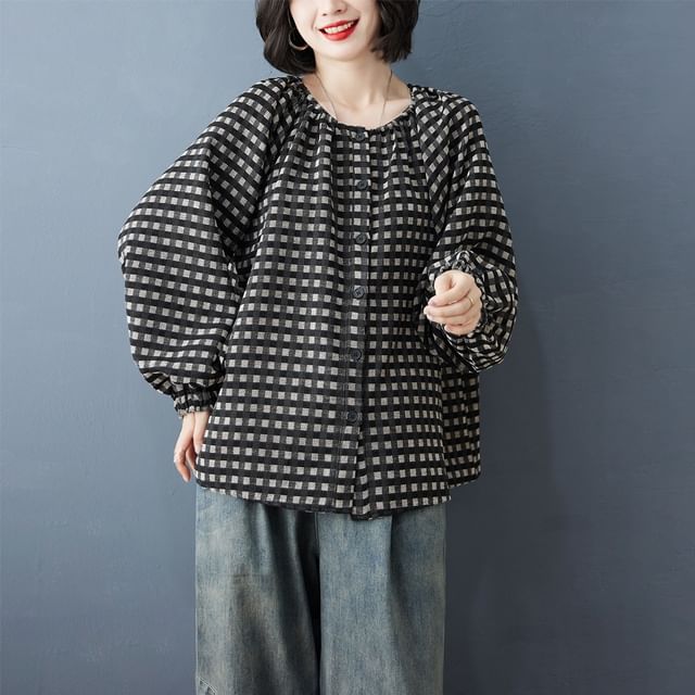 INEN-Long-Sleeve Crew Neck Plaid Blouse