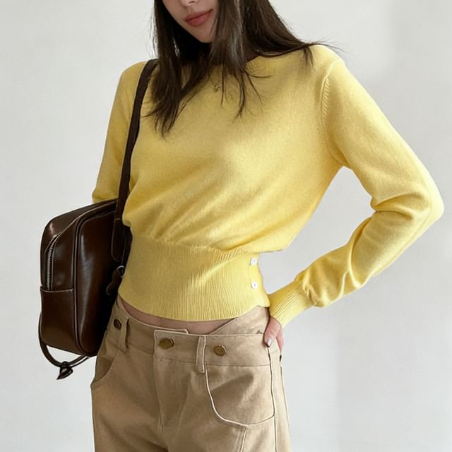 INEN-Long Sleeve Crew Neck Plain Knit Top