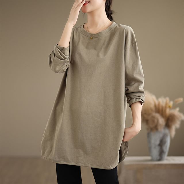 INEN-Long-Sleeve Crew Neck Plain Slit Oversized Tee