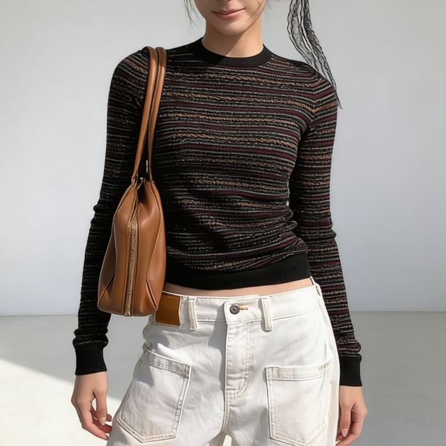 INEN-Long-Sleeve Crew Neck Striped Knit Top