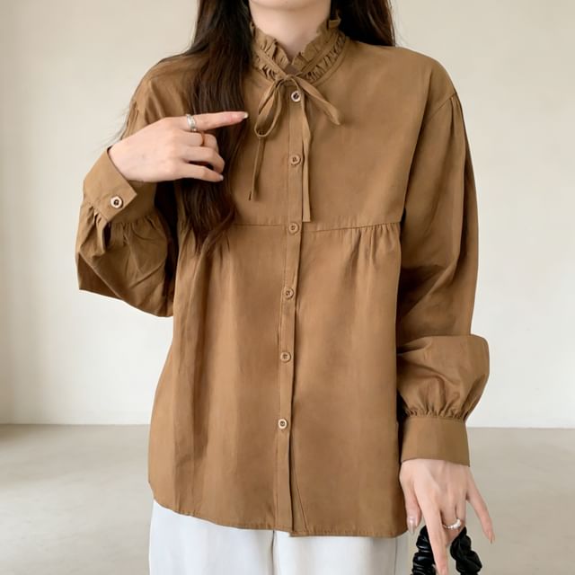 INEN-Long-Sleeve Frill Trim Plain Shirt