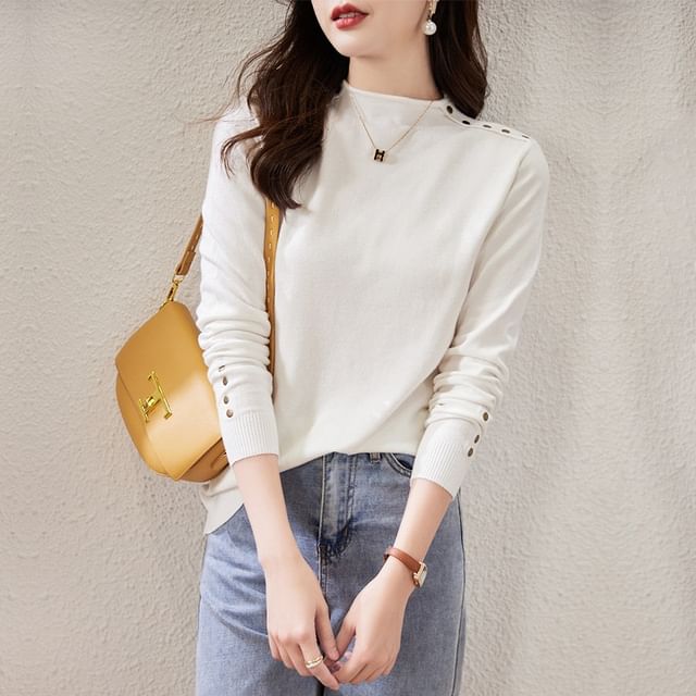 INEN-Long-Sleeve Mock Neck Plain Knit Top