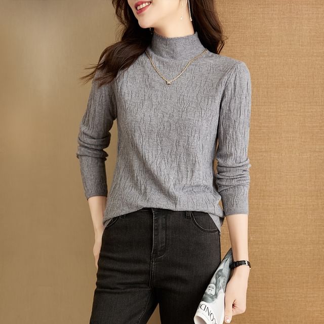 INEN-Long-Sleeve Mock Neck Plain Knit Top