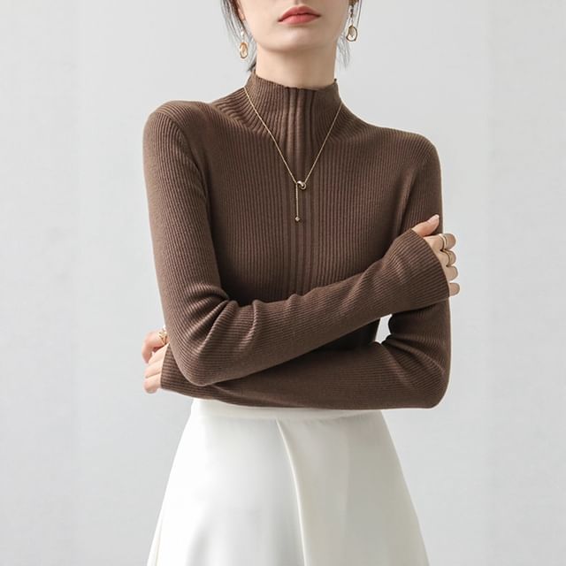 INEN-Long-Sleeve Mock Neck Plain Ribbed Knit Top