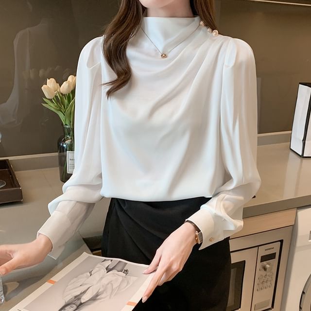 INEN-Long-Sleeve Mock Neck Plain Ruched Blouse