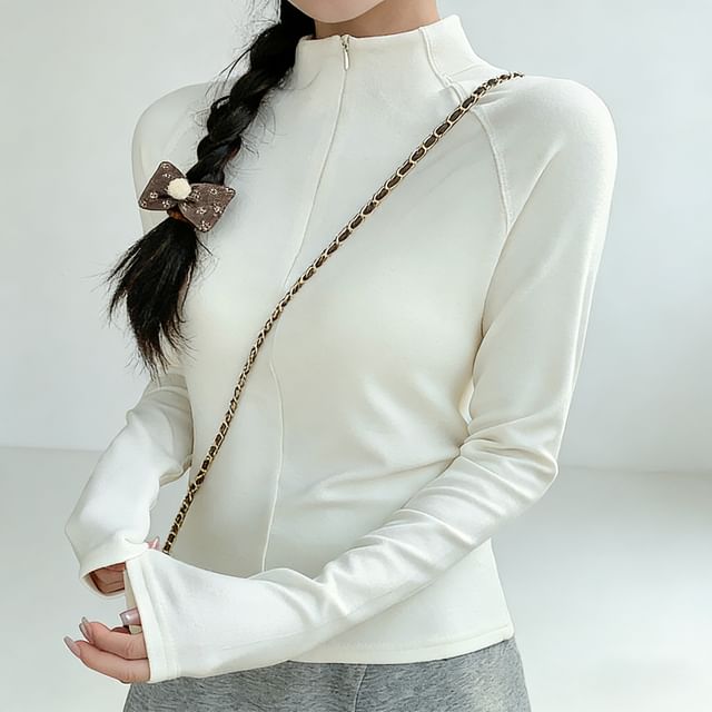 INEN-Long-Sleeve Mock Neck Zip-Up Plain Top