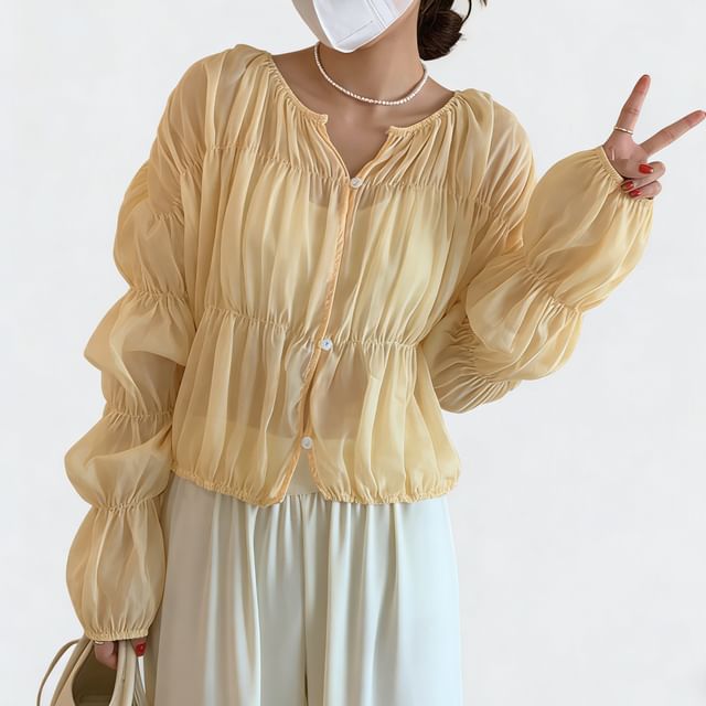 INEN-Long Sleeve Notch Neck Plain Ruched Blouse