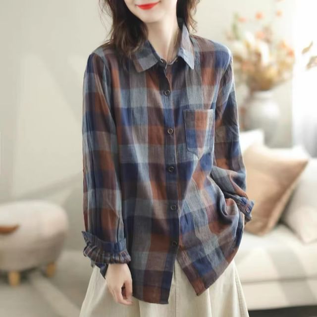 INEN-Long-Sleeve Plaid Button-Up Shirt