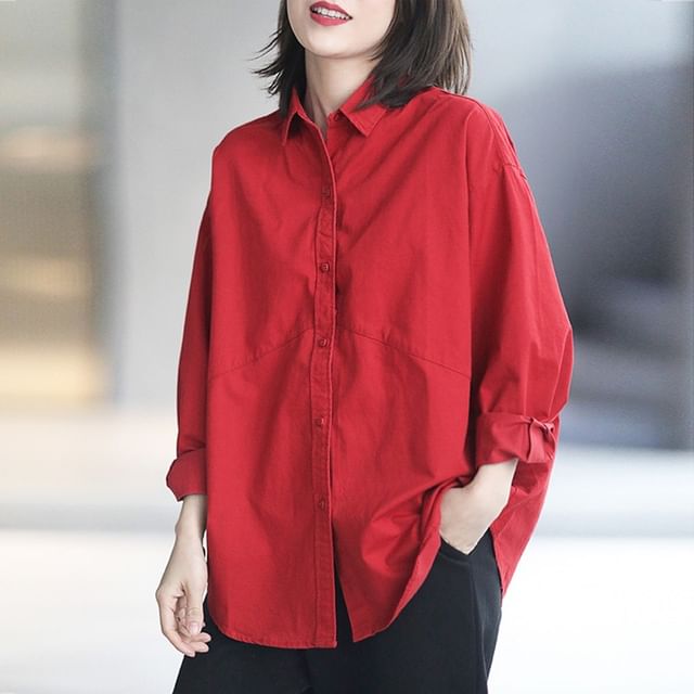 INEN-Long-Sleeve Plain Oversized Shirt