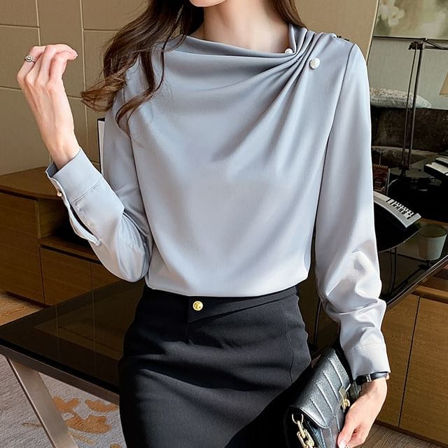 INEN-Long-Sleeve Plain Ruched Blouse