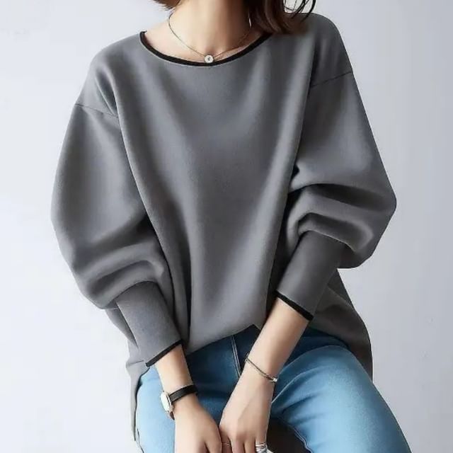 INEN-Long Sleeve Round Neck Contrast Trim Top