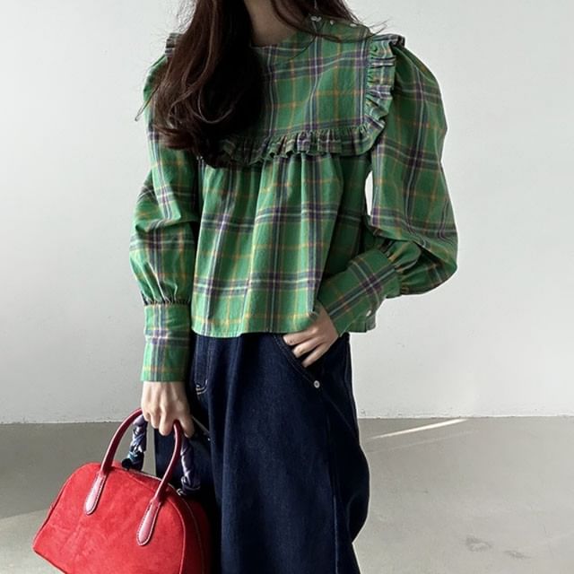 INEN-Long-Sleeve Round Neck Plaid Ruffle Trim Blouse