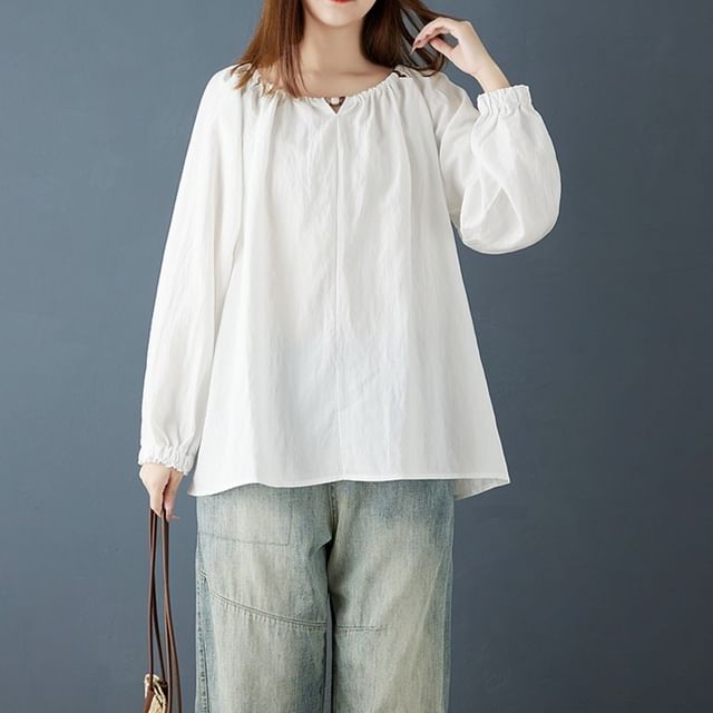 INEN-Long-Sleeve Round Neck Plain Blouse