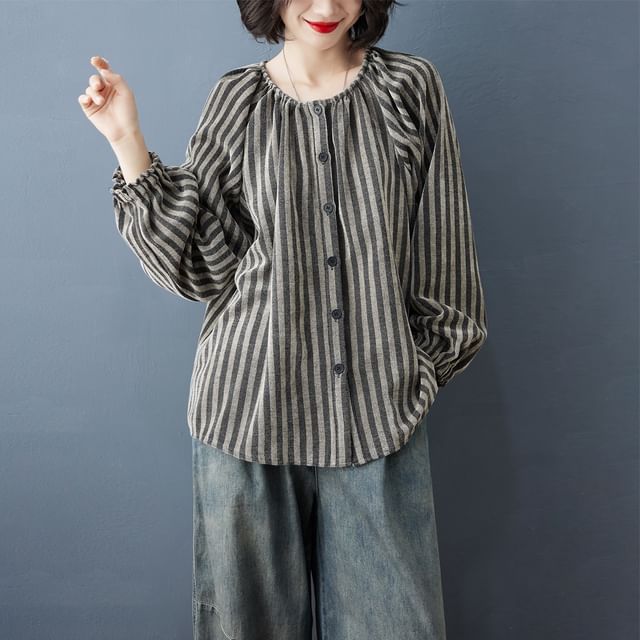 INEN-Long-Sleeve Round Neck Striped Blouse