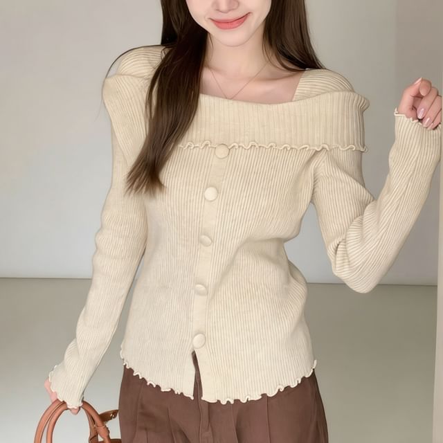 INEN-Long-Sleeve Square Neck Plain Ruffle Trim Ribbed Knit Top