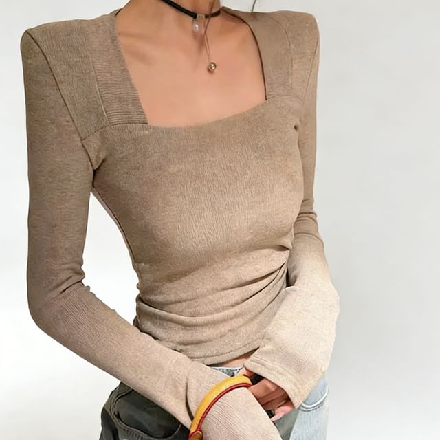 INEN-Long Sleeve Square Neck Plain Shoulder Pad Top