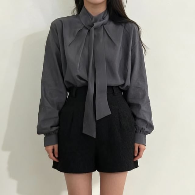 INEN-Long Sleeve Stand Collar Plain Tie-Up Blouse