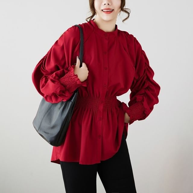 INEN-Long-Sleeve Stand Collar Ruched Button-Up Plain Blouse