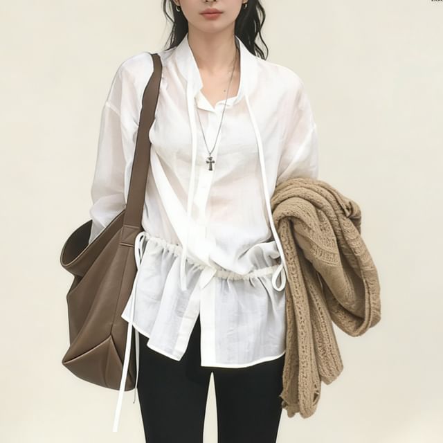 INEN-Long Sleeve Stand Collar Striped Drawstring Blouse