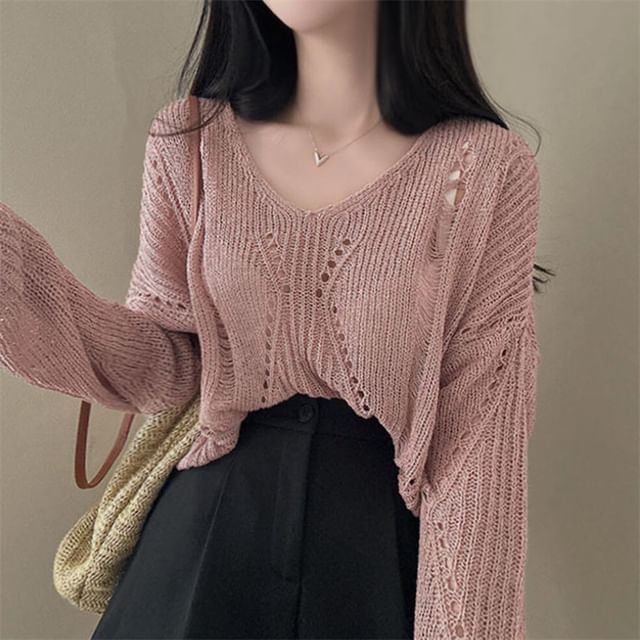 INEN-Long-Sleeve V-Neck Plain Perforated Knit Top