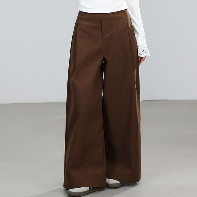 INEN-Mid Waist Plain Wide Leg Pants