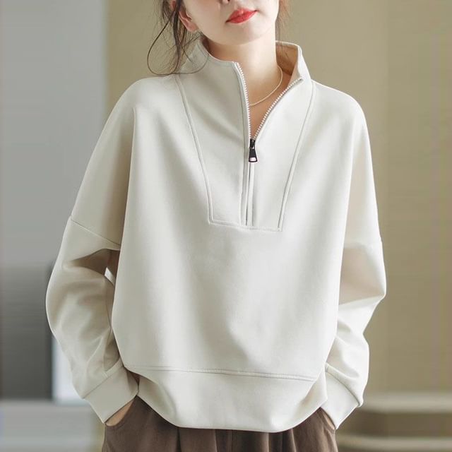 INEN-Mock Neck Plain Half Zip Pullover