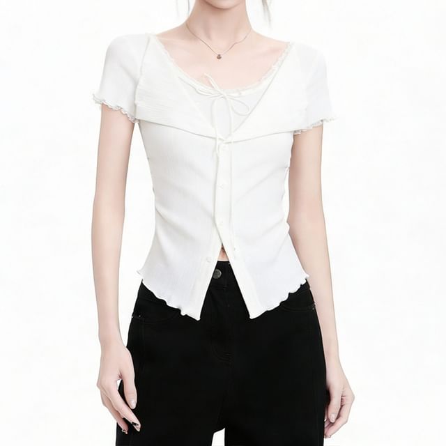 INEN-Mock Two-Piece Short-Sleeve V-Neck Plain Crop Top