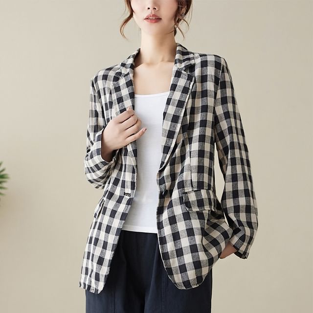 INEN-Notch Lapel Gingham Single-Button Blazer
