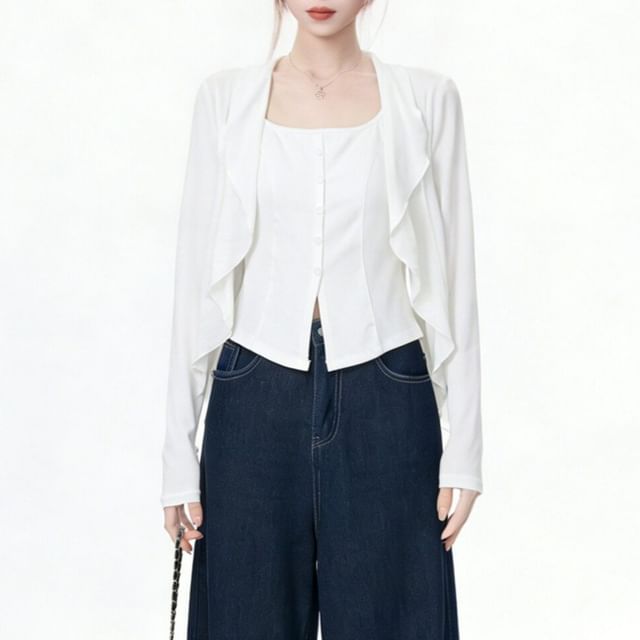 INEN-Open Front Plain Crop Jacket Square Neck Tank Top Set