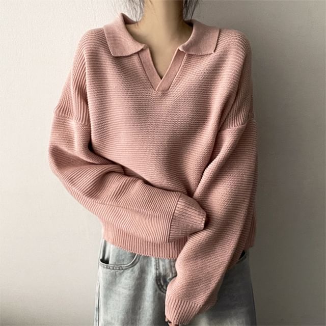 INEN-Open Placket Plain Polo Sweater